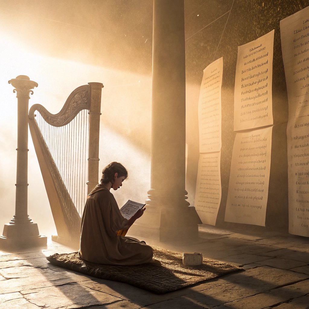 A serene spiritual scene with soft golden light, a person in a peaceful prayer or meditation pose, ancient scrolls or a harp in the background, ethereal and inspiring atmosphere.
